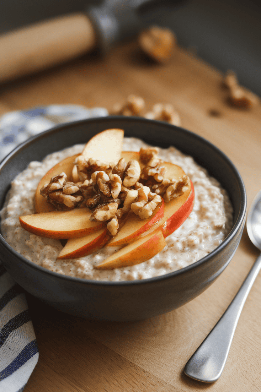 A bowl indoors filled with creamy steel-cut oats topped with sautéed cinnamon apples and a sprinkle of chopped walnuts. Steam rises gently. No text or logos. Photo, not illustration.