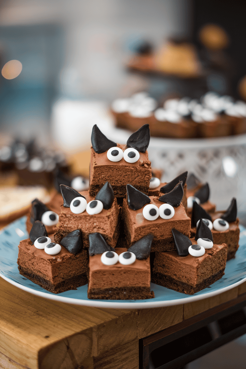 Indoor dessert plate stacked with square brownies topped with black icing ears and candy eyes forming cat faces. No logos or text.