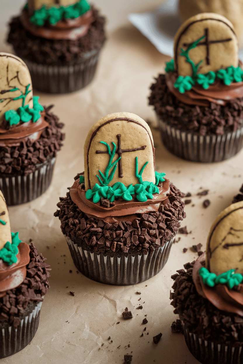 Indoor tabletop photo of chocolate cupcakes coated in crushed chocolate cookies, topped with a cookie “tombstone” and green frosting vines; no text or logos