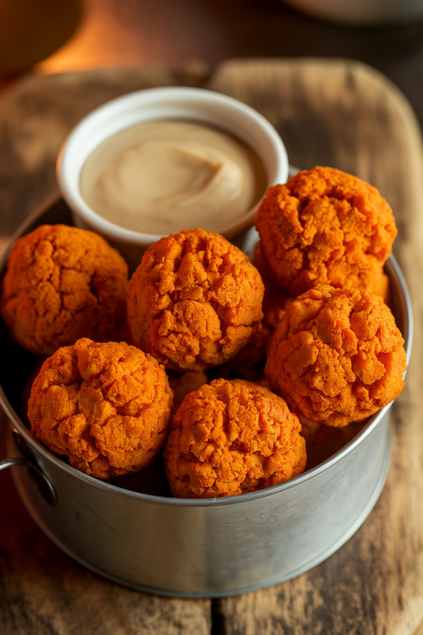 Indoor photo of baked sweet potato falafel balls stacked in a container with a ramekin of tahini sauce. Warm light, no logos.