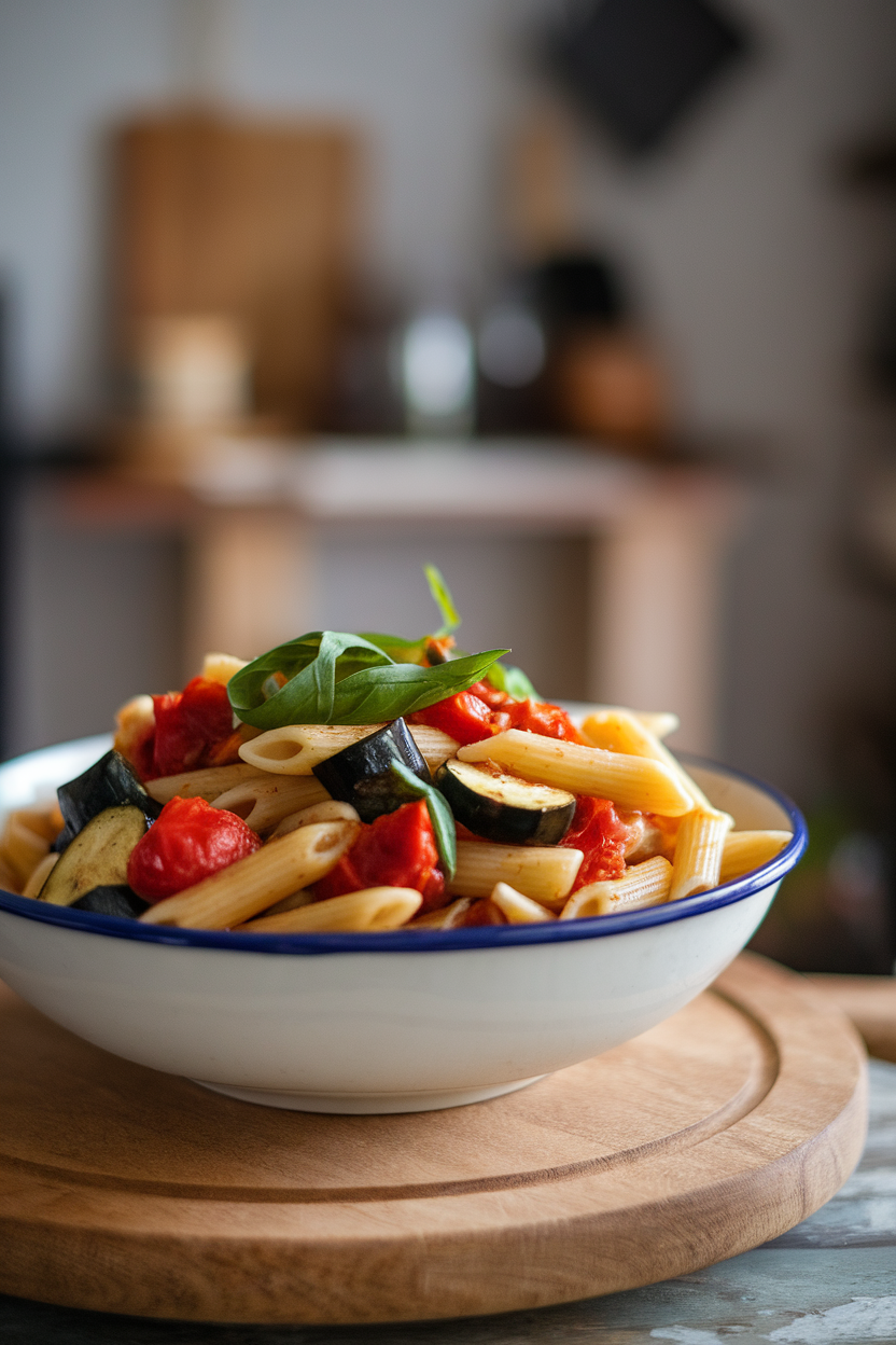 A bowl indoors containing penne tossed with balsamic-roasted tomatoes, zucchini, and eggplant, garnished with basil ribbons. No logos or text.