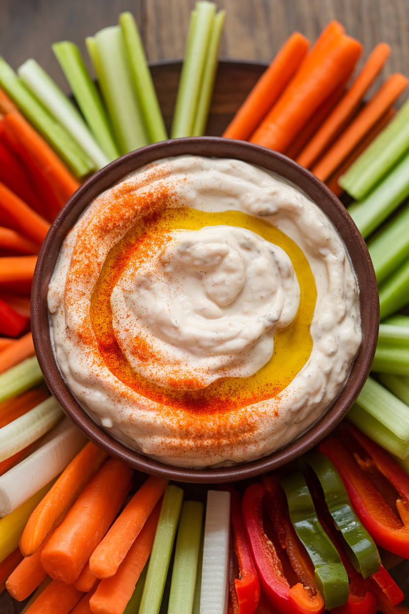 Indoor photo of a bowl of creamy white-bean dip topped with paprika and olive oil, surrounded by veggie sticks; no text or logos