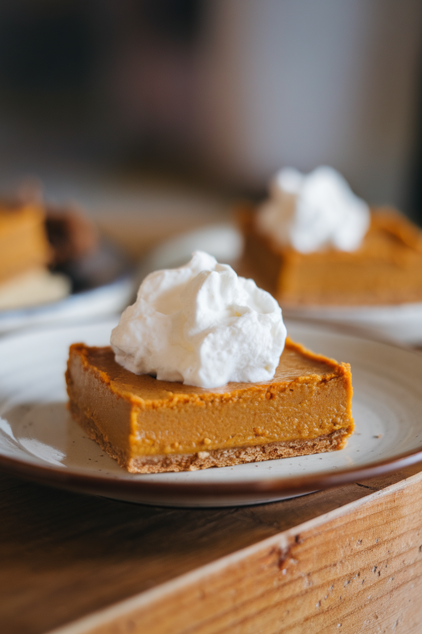 Photo of an indoor dessert plate stacking pumpkin pie bars with almond crust and dollop of coconut whipped cream; no text or logos