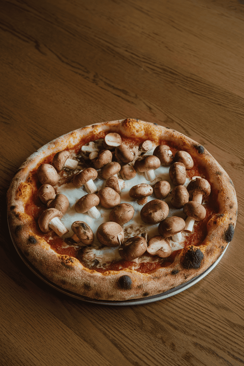Wooden indoor table with a rustic pizza covered in assorted sautéed mushrooms arranged like a dark forest, mozzarella “fog” scattered between. No text or logos.