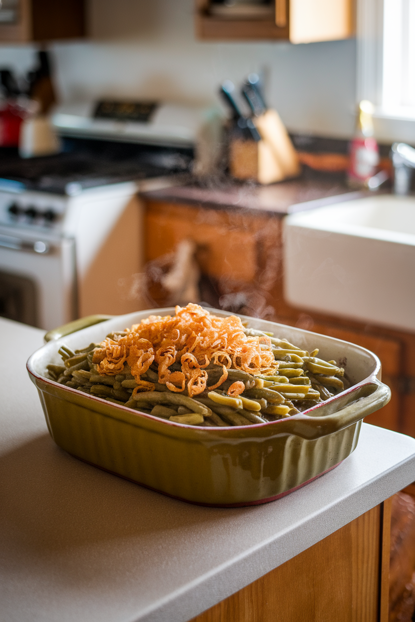 Indoor kitchen island holding a vintage-style casserole dish brimming with creamy green beans topped with crispy fried onions, steam gently rising. Photo, no text or logos.