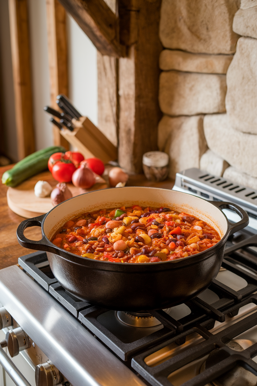 A Dutch oven on an indoor range brimming with colorful turkey chili featuring beans, peppers, and zucchini. Photo only, no text or logos.