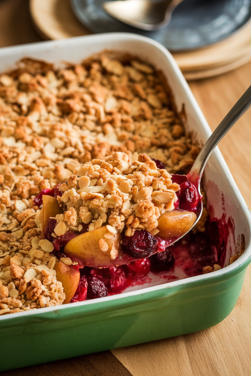 An indoor baking dish with bubbling pear-cranberry filling beneath a golden almond crumble, serving spoon scooping out a portion. No text or logos.