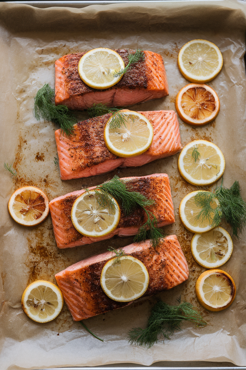 A parchment-lined baking sheet indoors showing cooked salmon fillets topped with lemon slices and fresh dill sprigs. No text or logos.