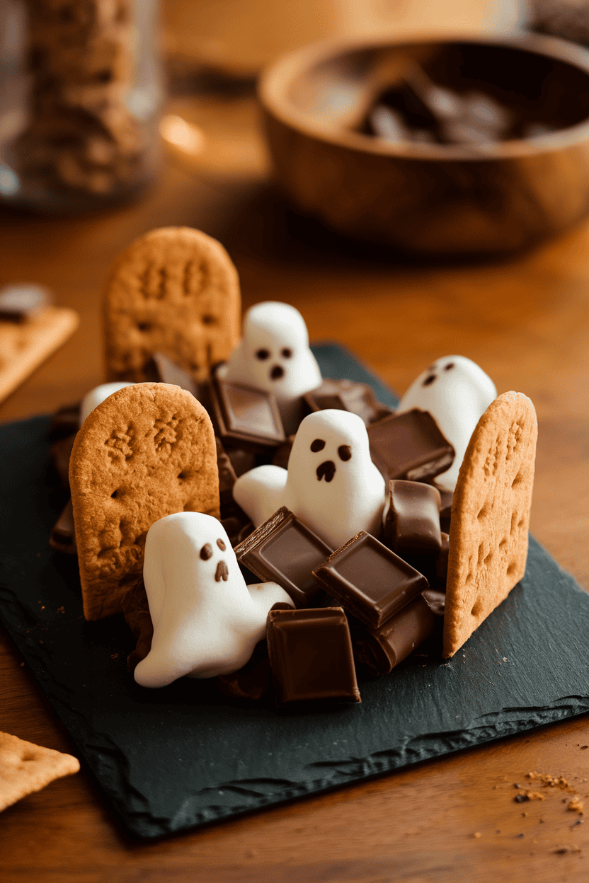 Warm indoor shot of a slate slab holding chocolate squares, ghost-shaped marshmallows, and graham cracker tombstones labeled with chocolate, all arranged like a cemetery. No text or logos.