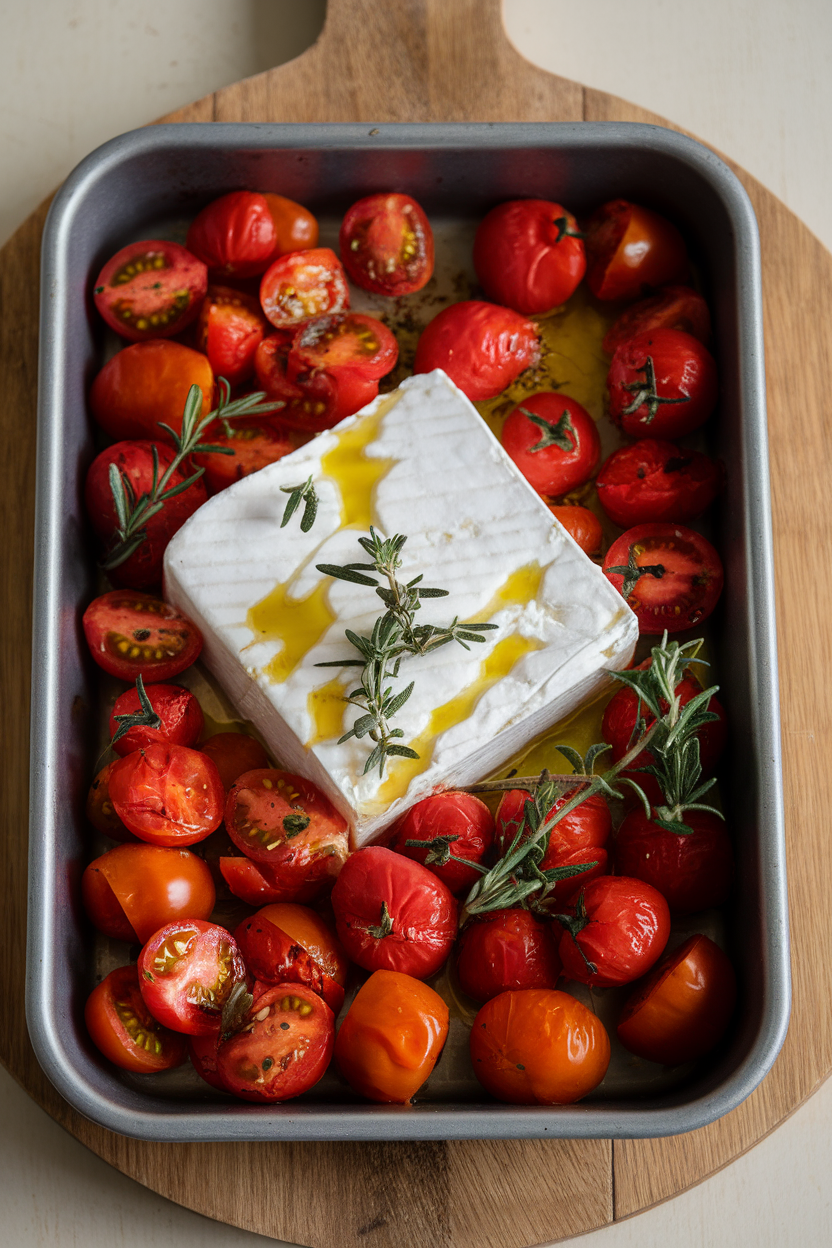 An indoor baking dish showing a block of feta nestled among burst cherry tomatoes and olive oil, herbs sprinkled on top. No logos or text.