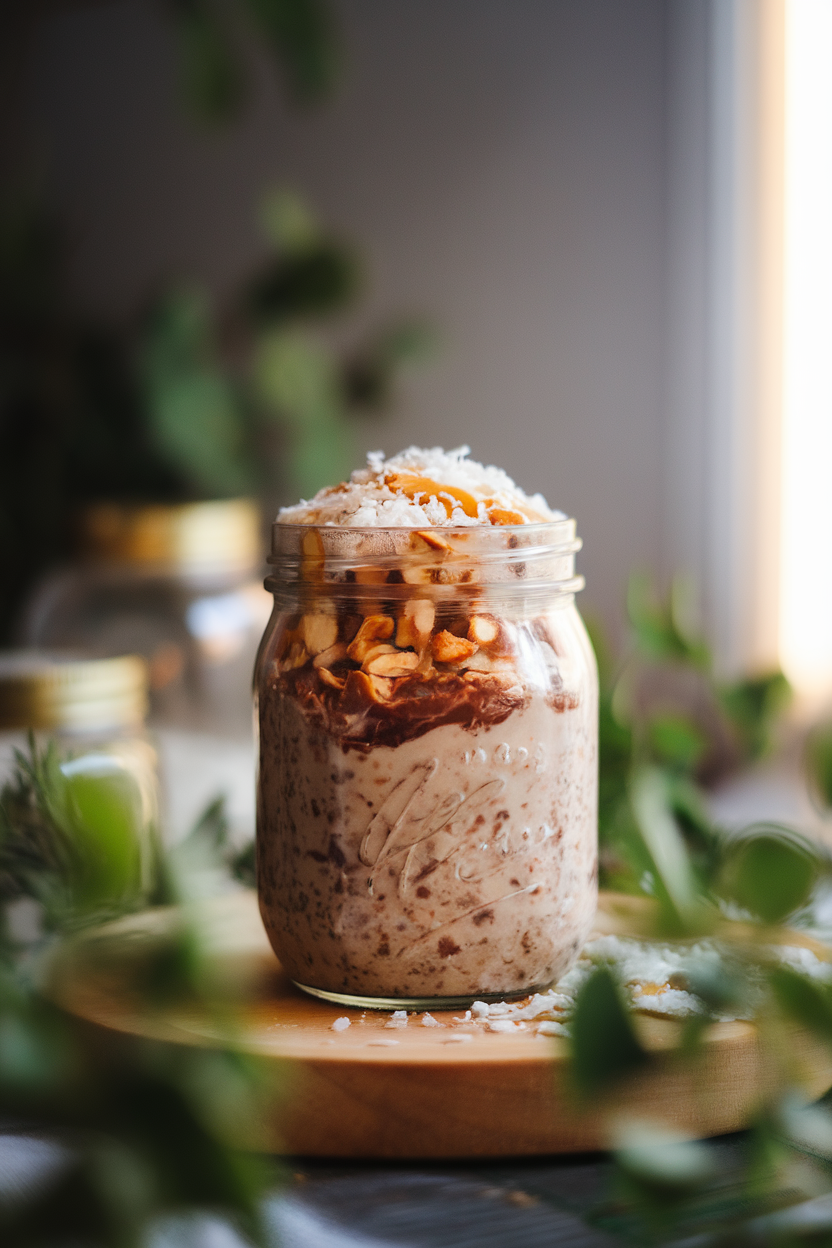 Indoor jar showing chocolate overnight oats topped with shredded coconut and slivered almonds, soft light. No text or logos.