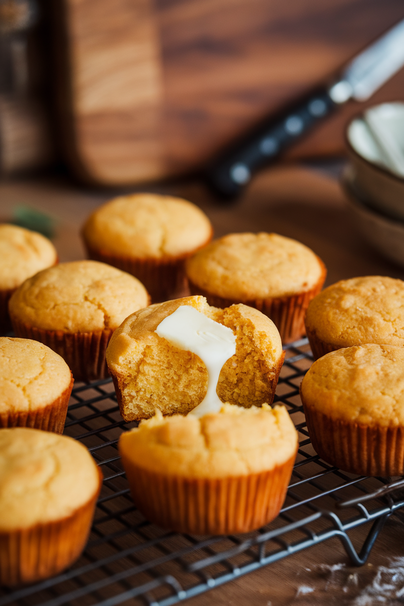 An indoor cooling rack with mini cornbread muffins, a pat of butter melting on one broken open. No logos or text visible. Photo only.