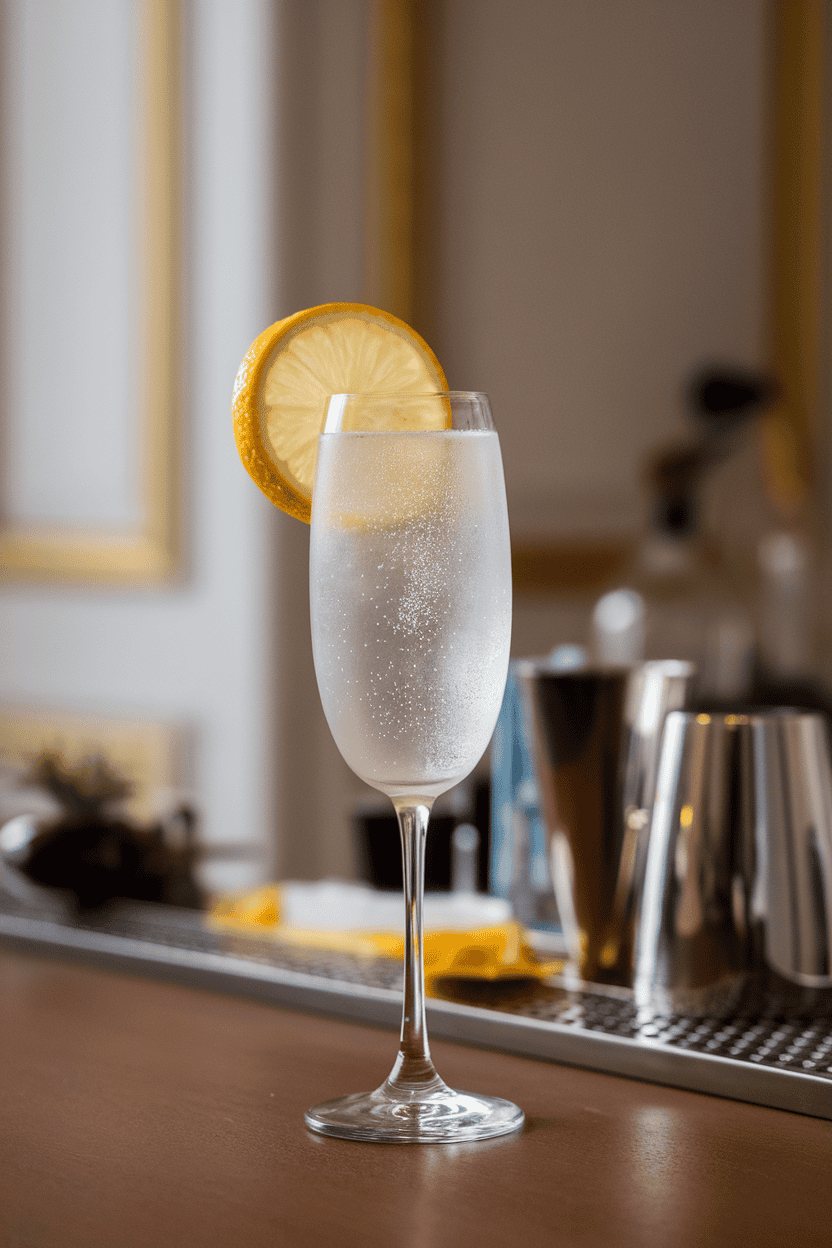 Indoor elegant bar with champagne flute of pale silver cocktail, round lemon wheel floating like a moon, subtle sparkle; no text or logos, photo.