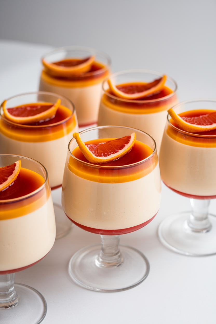 Indoor dessert glasses holding pale panna cotta topped with a vibrant blood-orange gelatin layer and a citrus twist. Photo only, no text or logos.