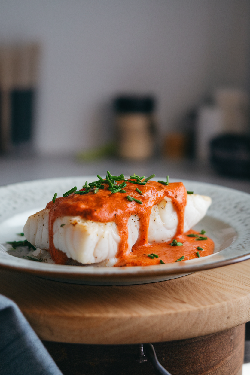 Indoor plate showing cod topped with reddish smoked-paprika cream sauce, sprinkled with chopped chives. No text or logos.
