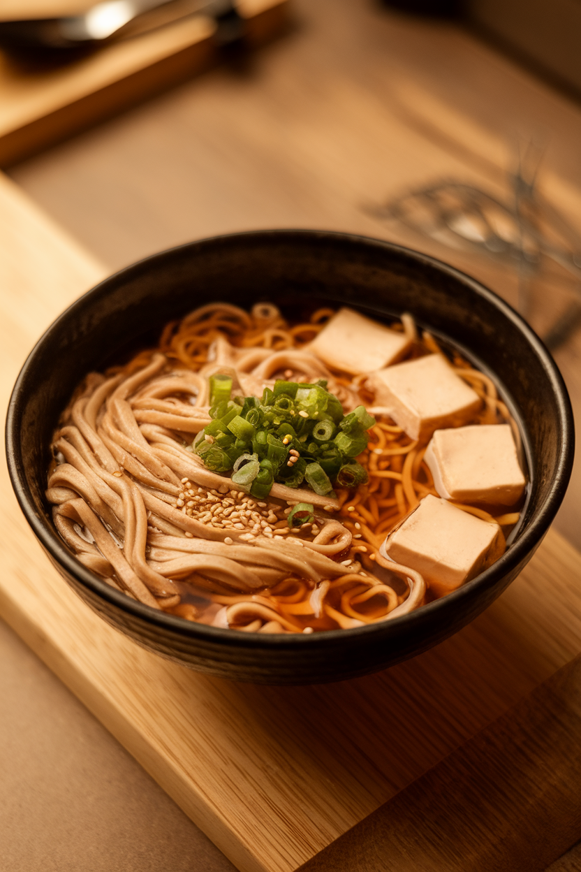 Indoor ramen-style bowl containing buckwheat soba noodles, cubes of silken tofu, and a clear dashi broth. No text or logos; photo only.