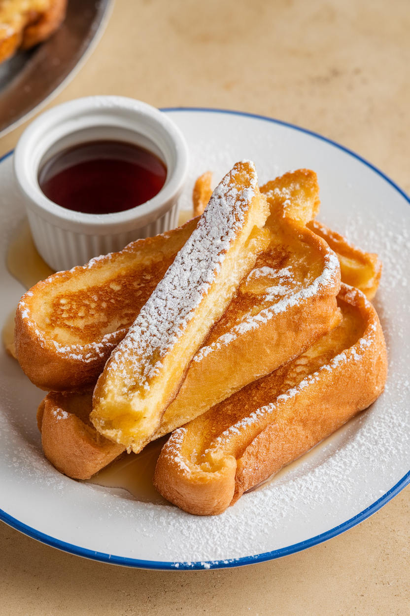 Indoor plate of golden French toast sticks dusted with powdered sugar, small ramekin of maple syrup beside them. No text or logos.