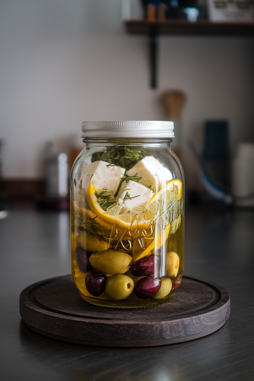 Photo of glass jar filled with feta cubes, green herbs, lemon rind, and mixed olives immersed in olive oil on an indoor countertop; no text or logos.