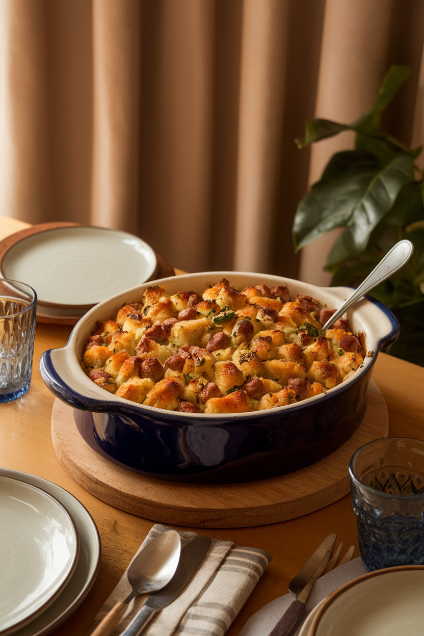 An indoor dining table with a ceramic casserole dish of golden-brown stuffing studded with sausage and herbs, a serving spoon tucked in; no text or logos. Photo.</Prompt