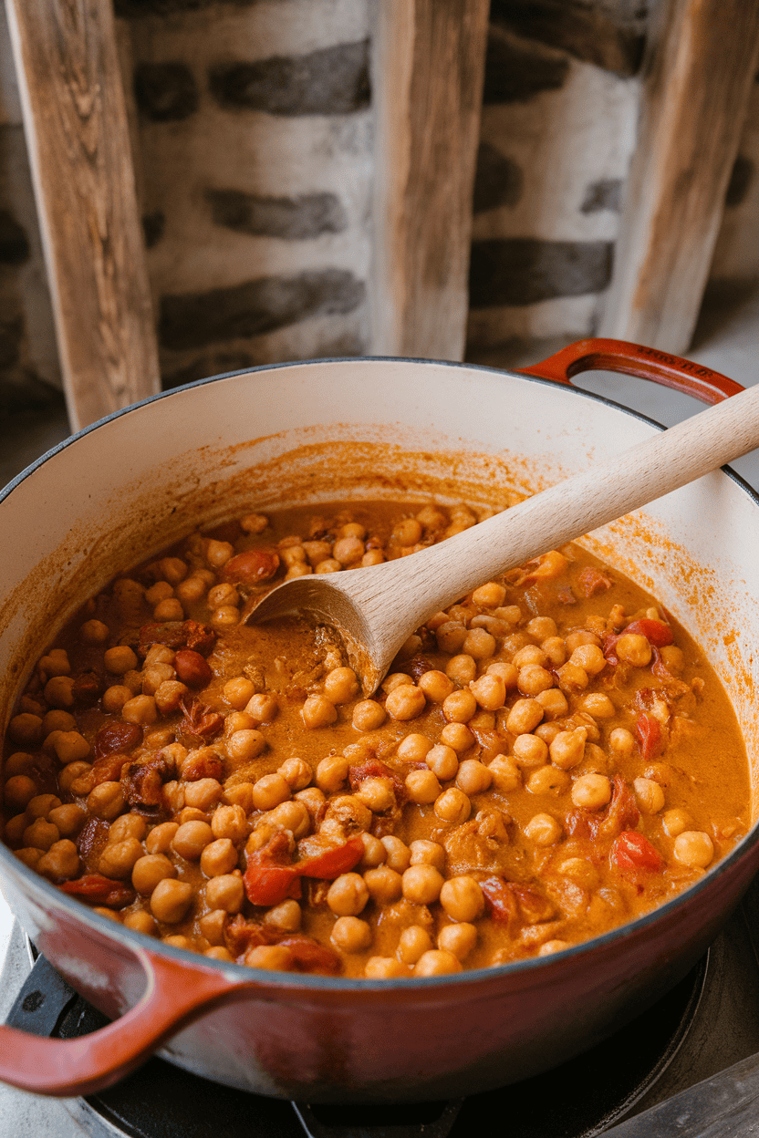 Indoor Dutch oven filled with thick golden chickpea curry, ladle resting on side, no branding