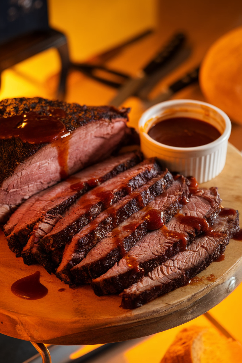 Indoor photo of a wooden board covered with thick slices of smoked beef brisket, visible smoke ring, ramekin of barbecue sauce on the side, warm amber lighting, no text or logos. Photo, not illustration.