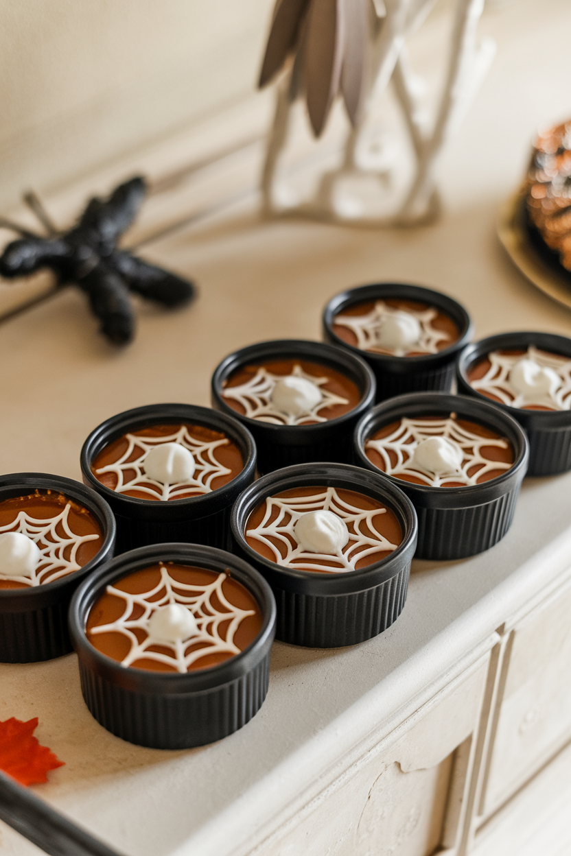 An indoor buffet with small black ramekins of thick pumpkin chili, a dollop of sour cream shaped like a spider web on each. No text or logos. Photo, not illustration.