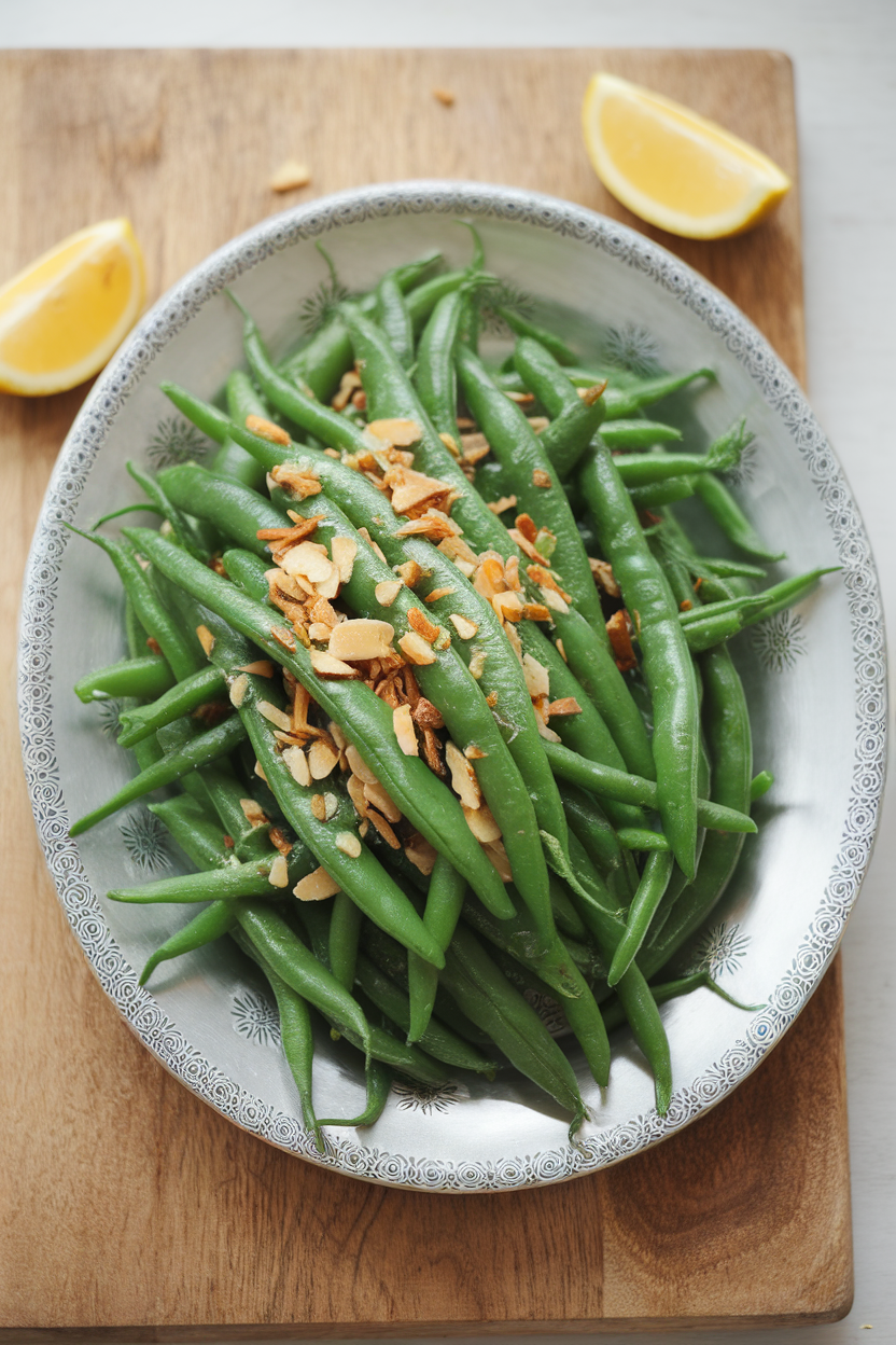 Photo of an indoor serving platter of bright green beans sprinkled with toasted almond slivers; no text or logos