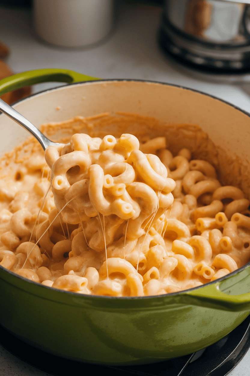 Indoor photo of creamy macaroni and cheese bubbling in a small Dutch oven, cheese strings stretching from a spoon; no text or logos.