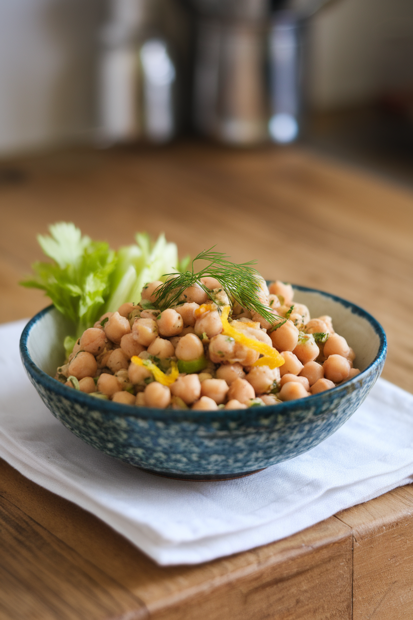 Photo, indoor tabletop bowl with chickpea salad containing dill, celery, and lemon zest; no text or logos.