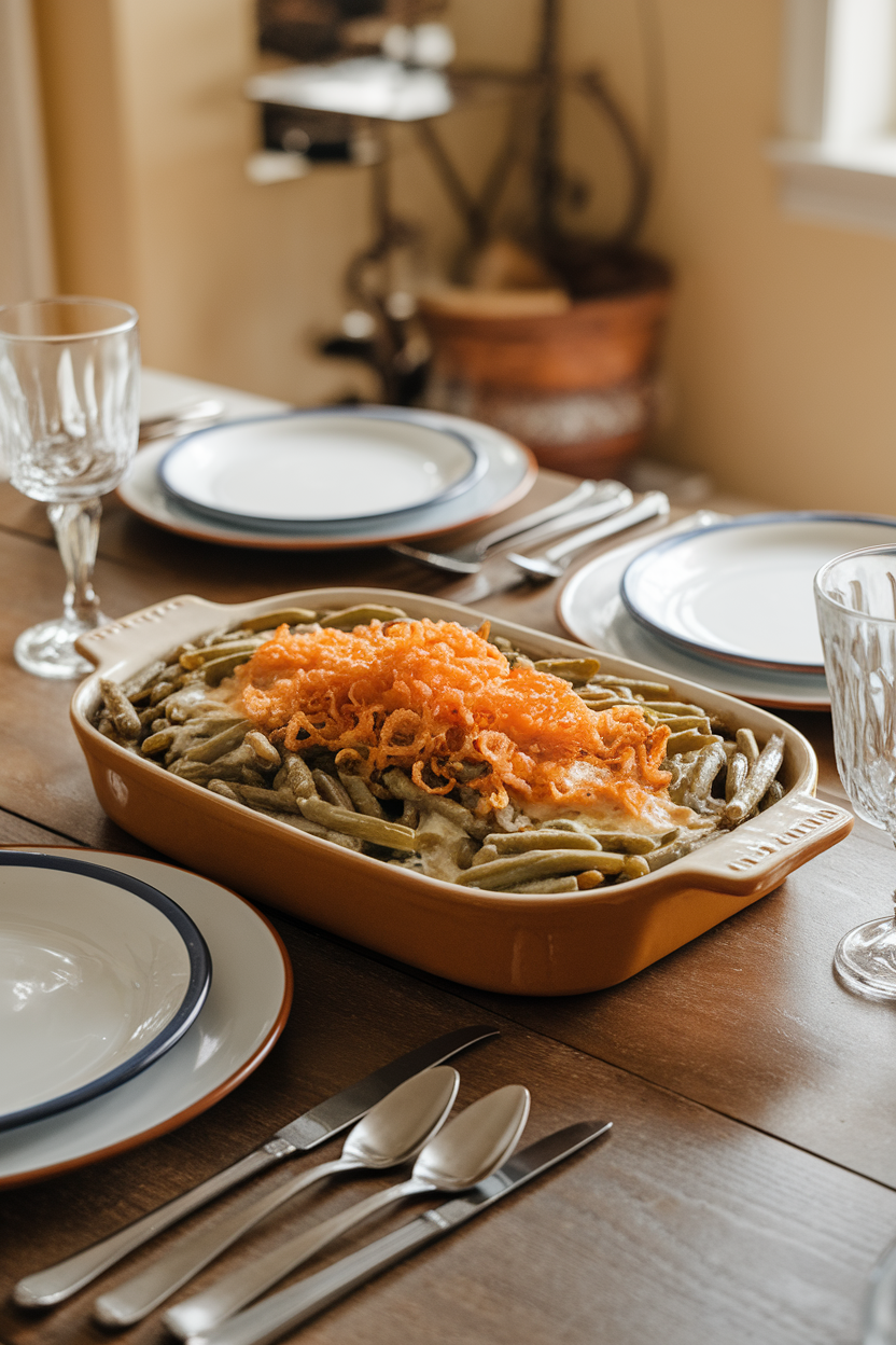 An indoor dining table with a shallow white casserole dish filled with bubbling green beans in a creamy sauce, topped with golden fried onions; warm overhead lighting, no text or logos. Photo only.