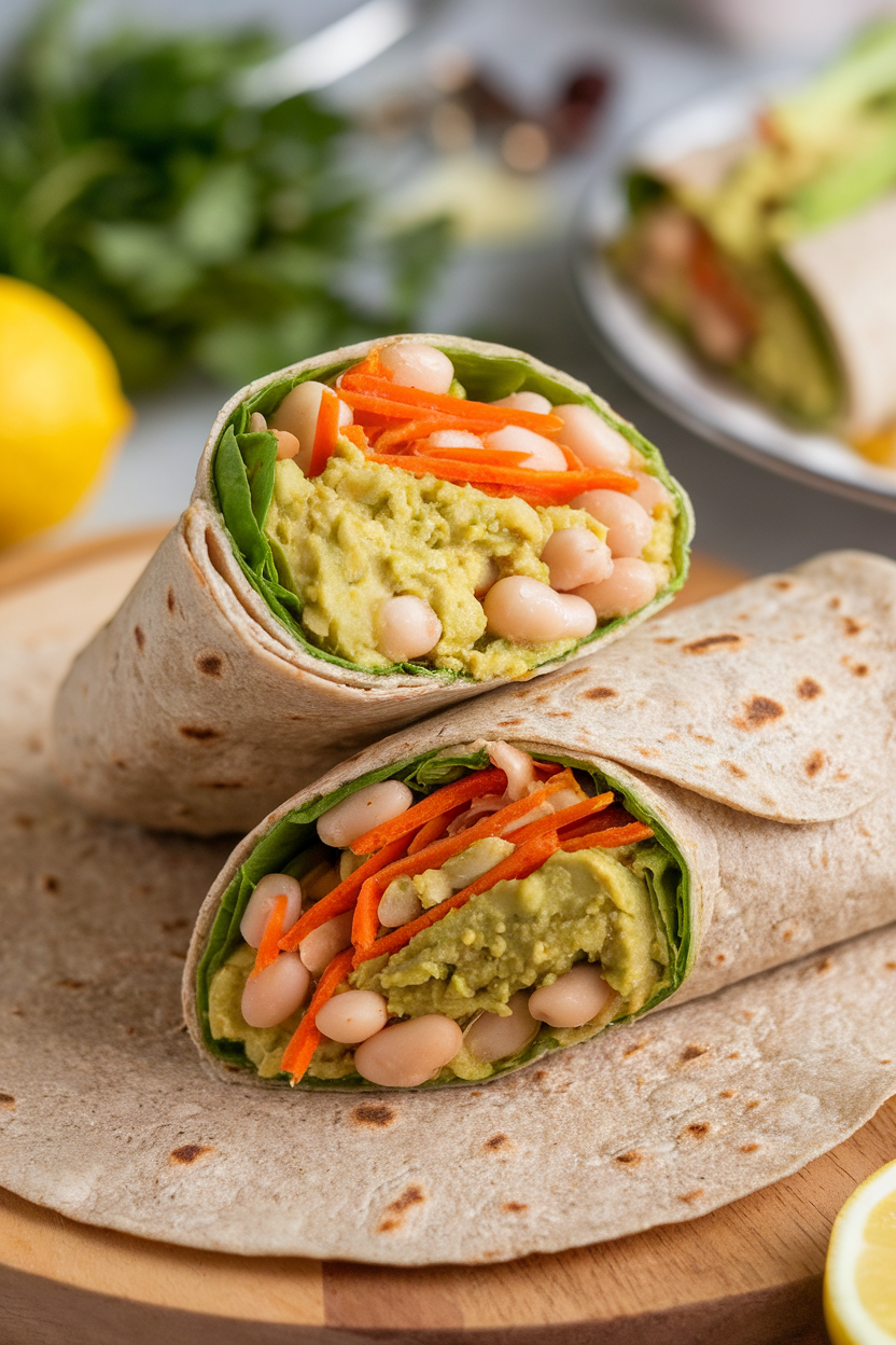 Indoor photo of a halved whole-grain wrap stuffed with mashed avocado, white beans, shredded carrots, and romaine; no text or logos.