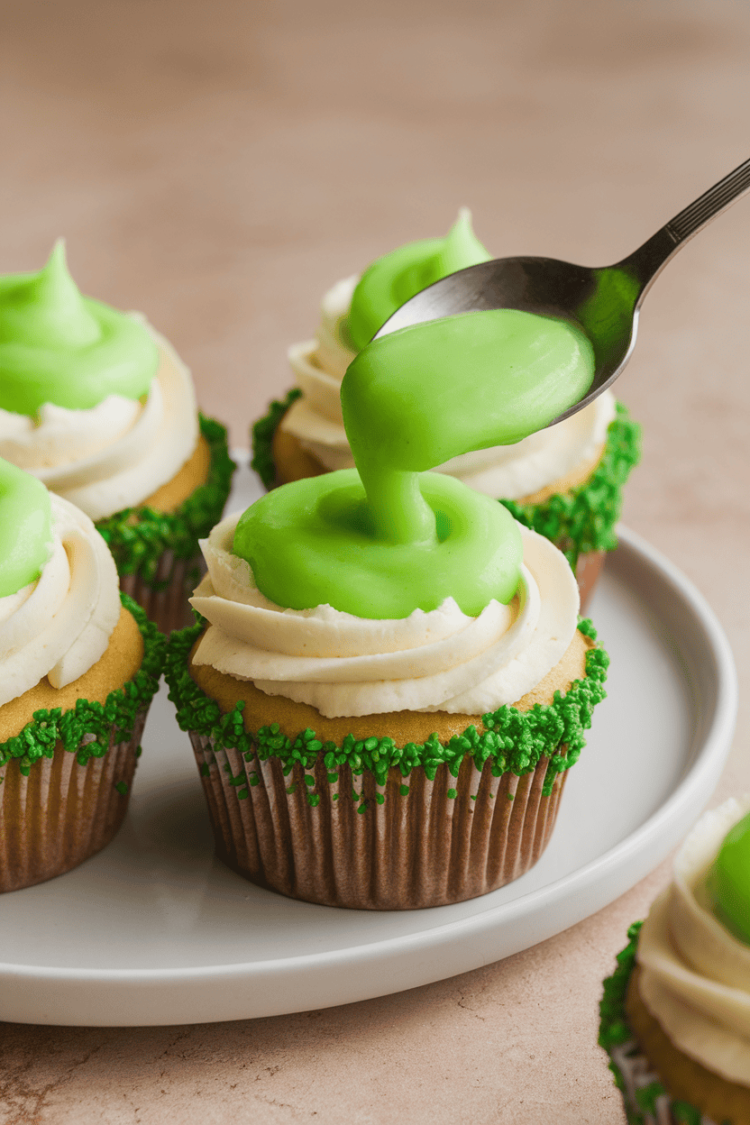 Indoor photo of key lime cupcakes with neon green slime-style filling oozing from a spoon-scooped top, frosting rimmed with green sanding sugar; no text or logos