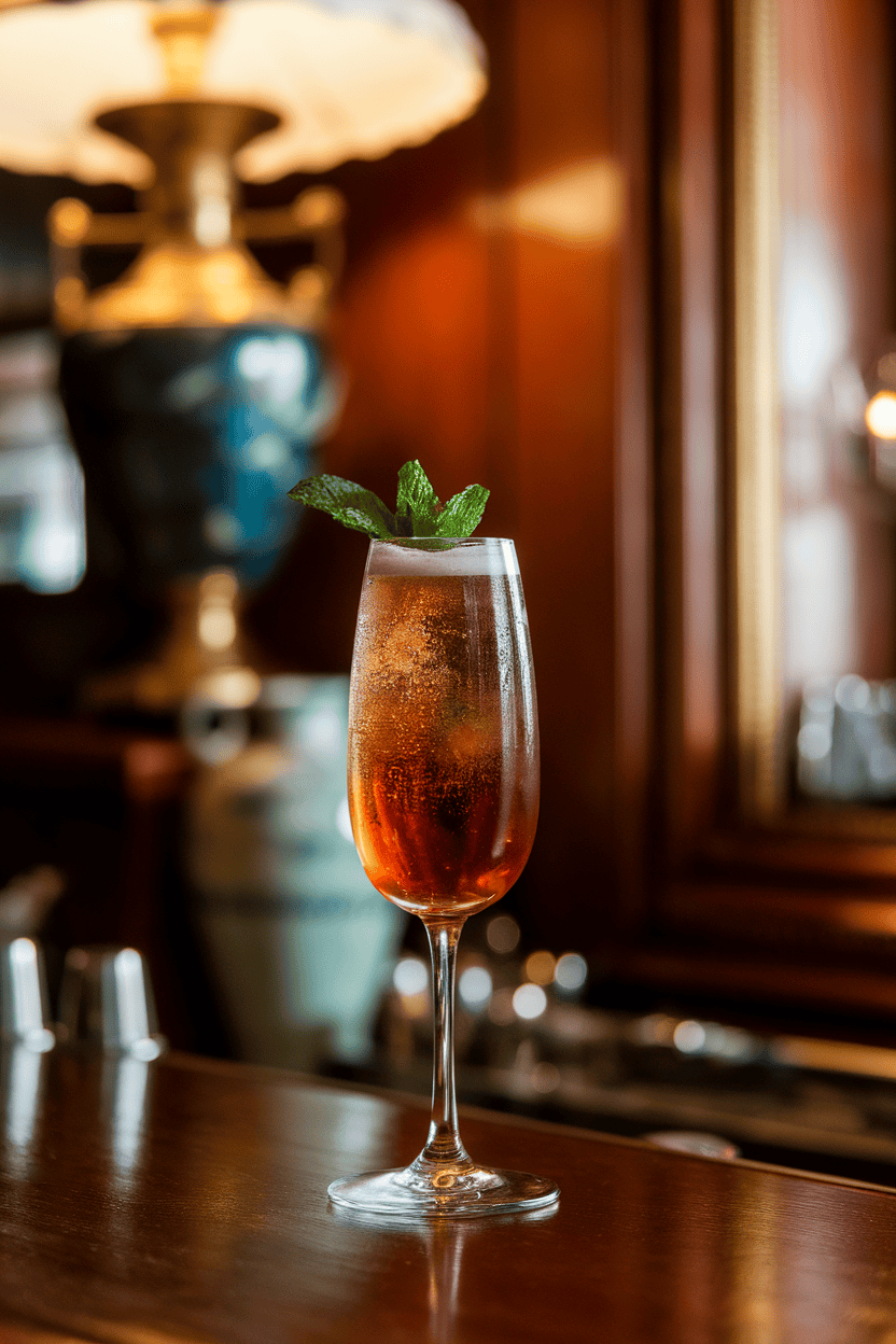 Indoor art-nouveau bar featuring coupe of dark amber rum cocktail topped with splash of champagne, mint leaf floating, no logos.