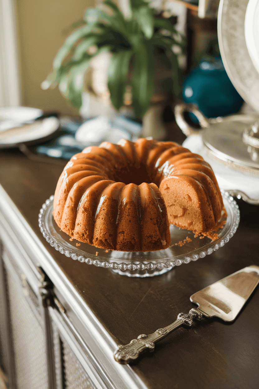Indoor dining room sideboard displaying a bundt slice of peach-studded pound cake, brown sugar glaze gleaming. No text or logos. Photo.