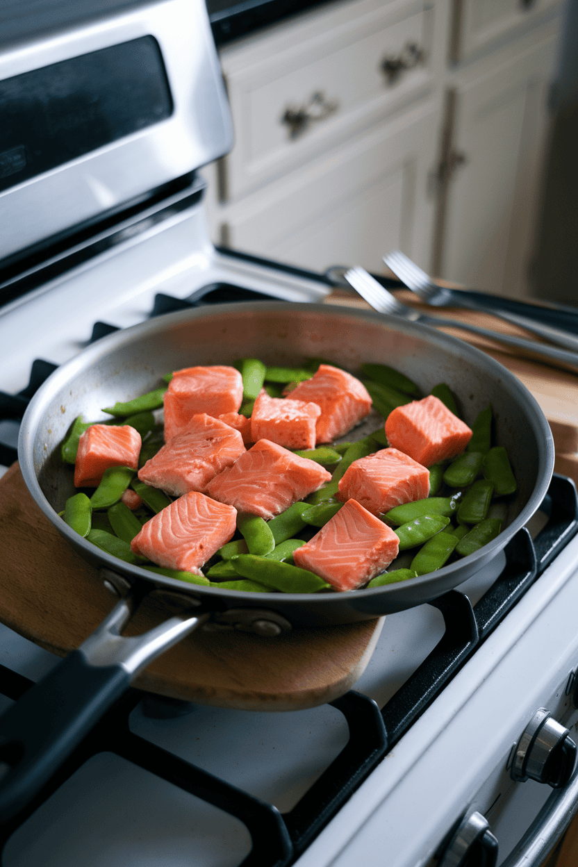 Photo of cooked salmon chunks mixed with bright green snap peas in a shallow pan on a stove, indoor light, no text or logos.