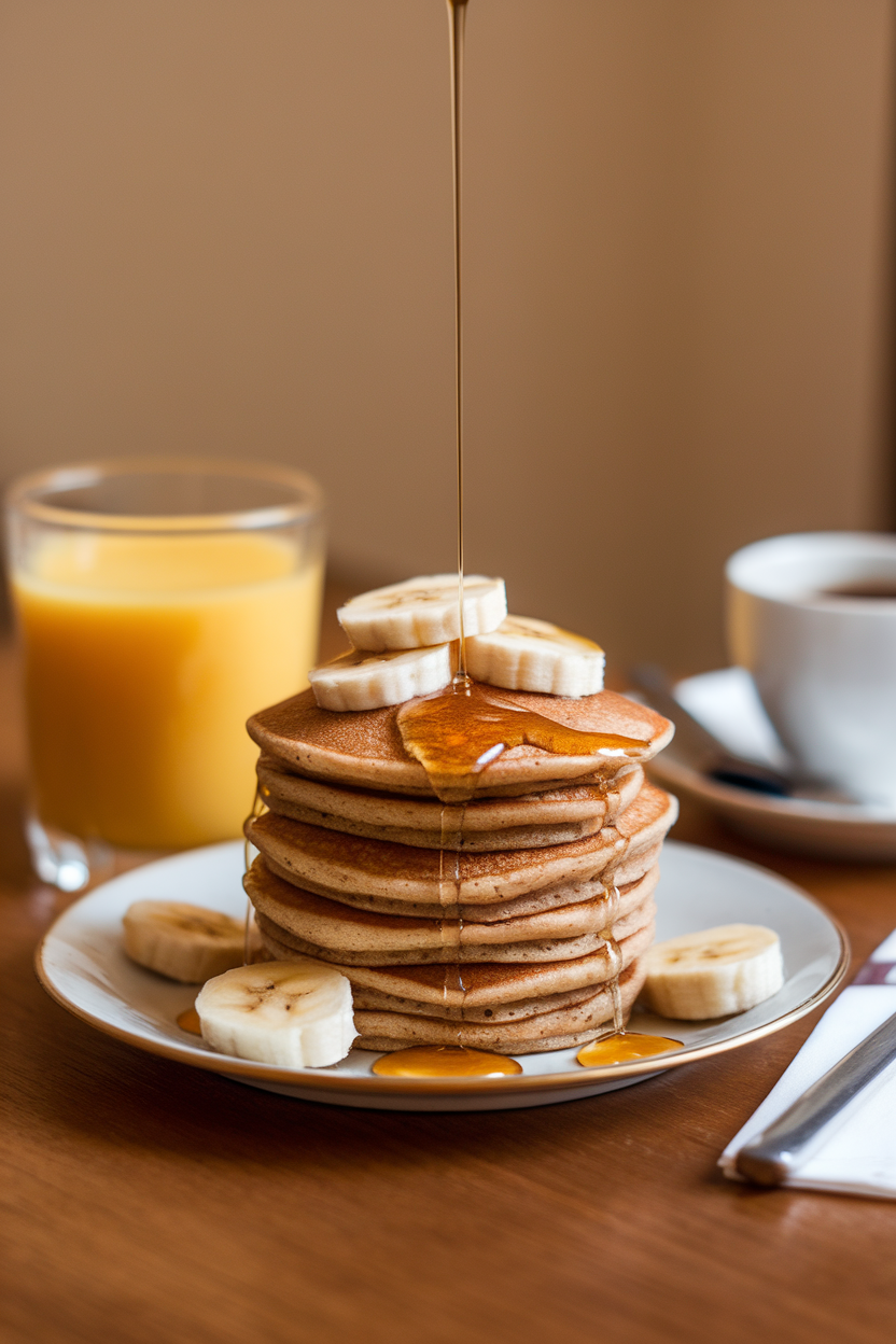Photo of a stack of small whole-wheat pancakes drizzled with warm honey and topped with banana slices, presented indoors on a breakfast table. No text or logos anywhere.