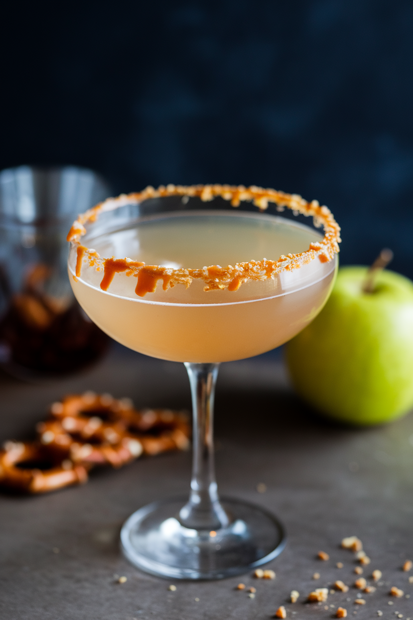 Photo of a chilled martini glass indoors, filled with a pale caramel apple martini and a caramel-drizzled rim sprinkled with crushed pretzel bits. No text or logos.