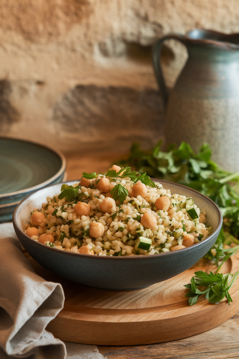 Indoor photo of a bowl of bulgur tabbouleh sprinkled with chickpeas, parsley, and diced cucumber, no text or logos in scene.