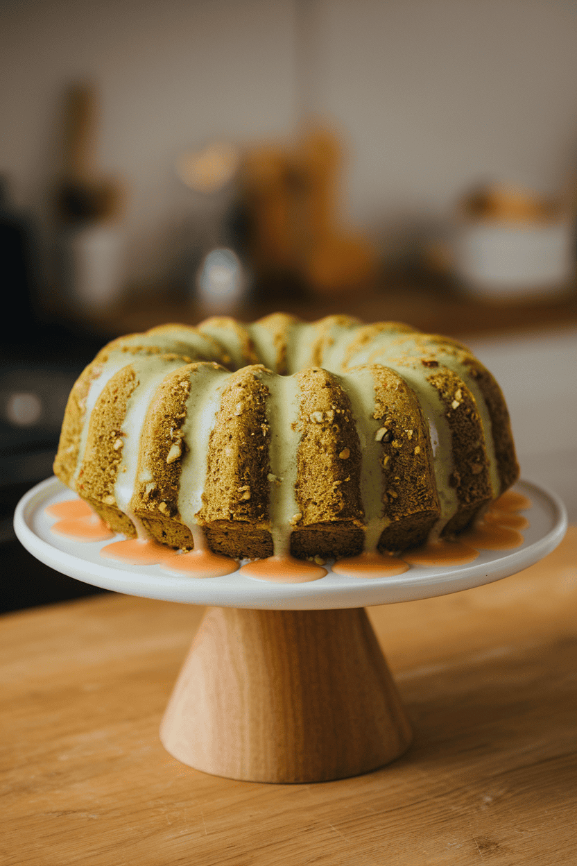 Indoor cake stand featuring a green-tinged bundt cake flecked with pistachios, draped in light orange glaze. No text or logos. Photo only.
