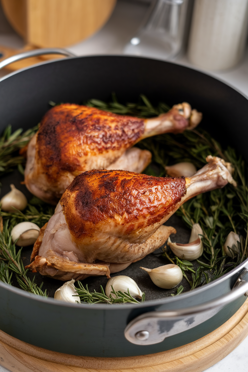 An indoor roasting pan with two browned turkey legs resting on herbs and garlic cloves, no text or logos. Photo.</Prompt