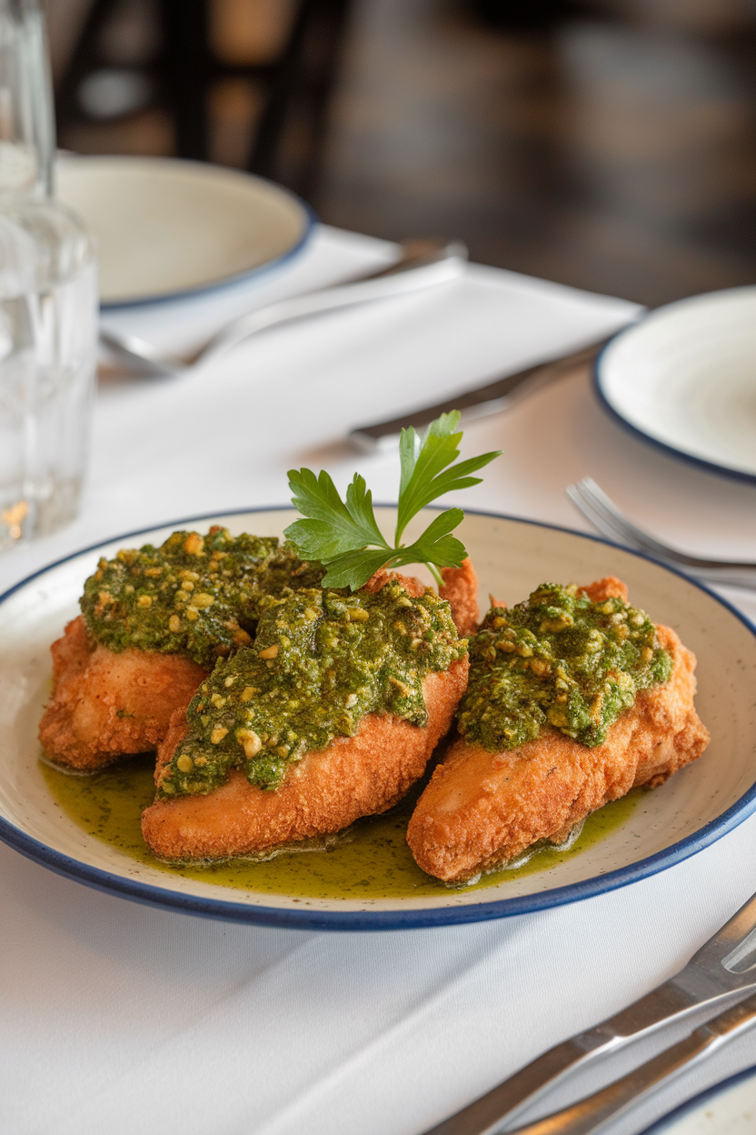 Indoor table with fried chicken breasts topped with vibrant green chimichurri sauce, parsley sprig garnish, photo only, no text or logos