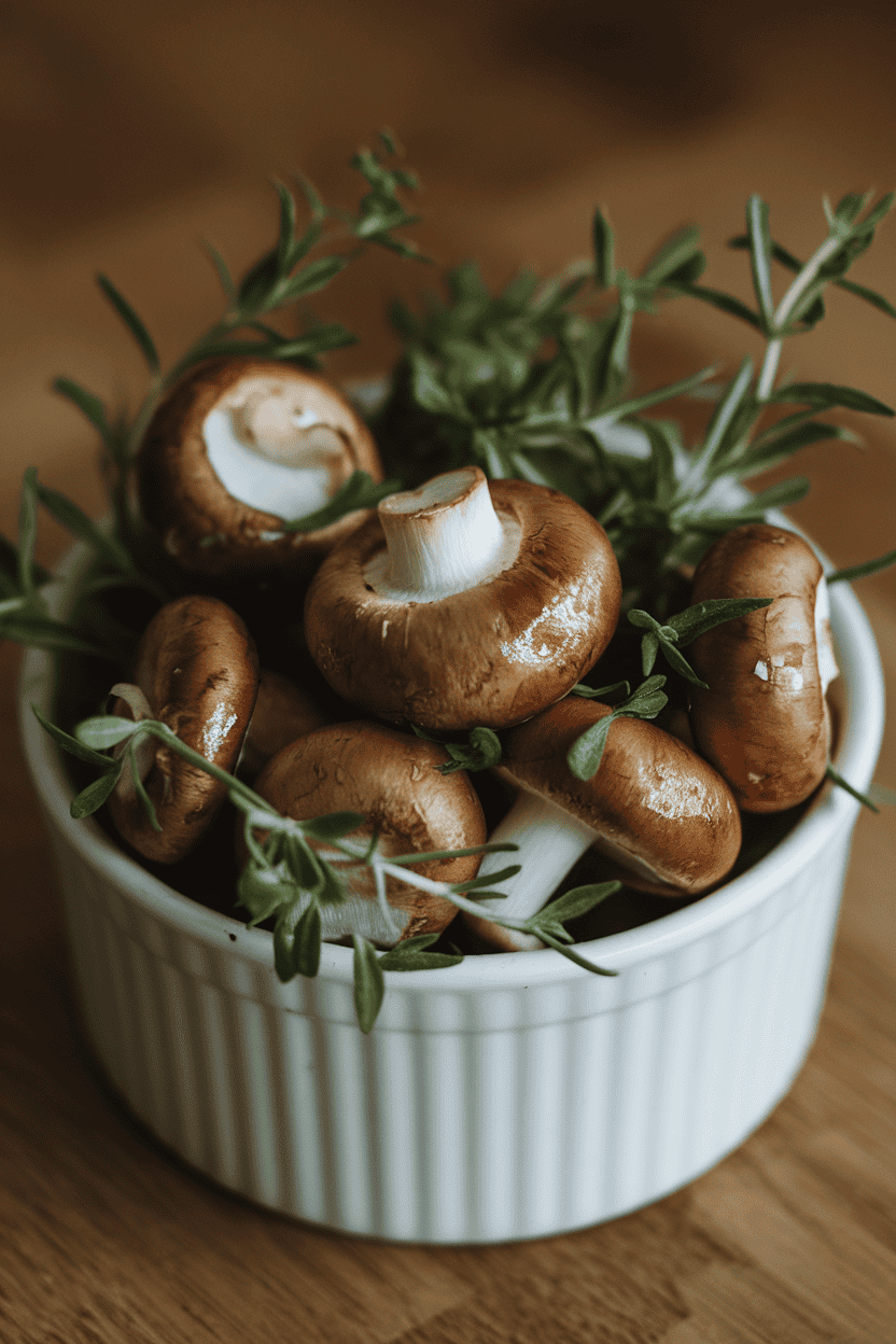 Indoor photo of sliced button mushrooms with visible herbs, collected in a ramekin. No text or logos.