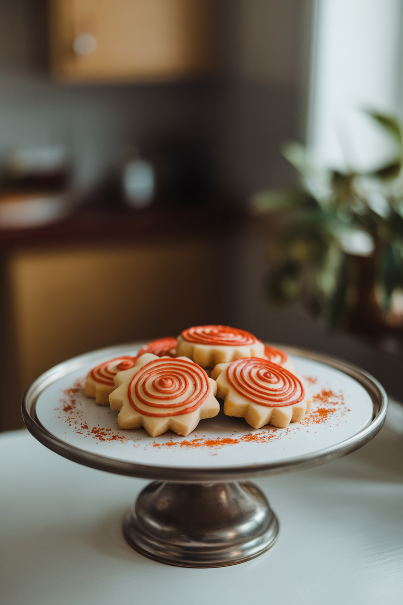 Indoor photo of spinning maple-leaf cookies with spiral red-orange patterns, placed on a rotating cake stand, no text or logos.