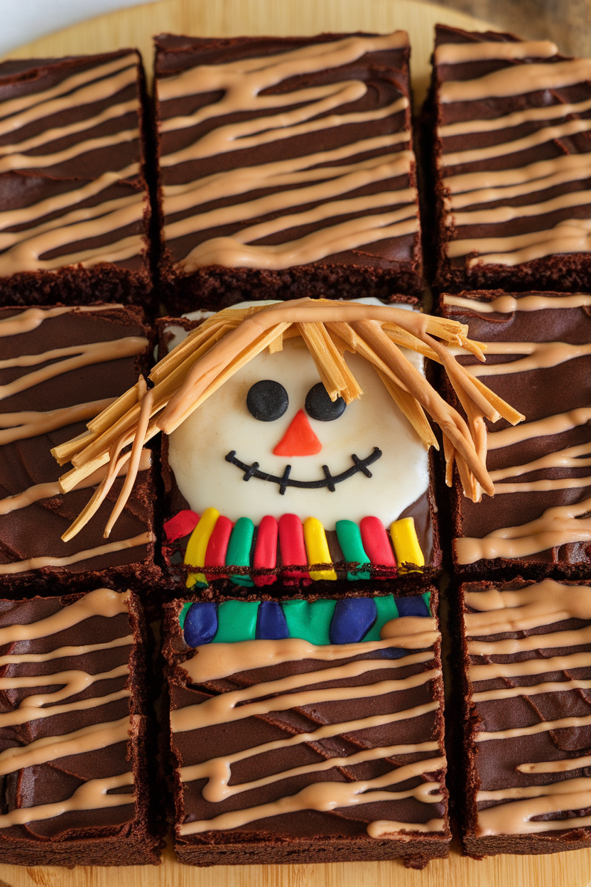 Indoor image of brownies drizzled with thick dulce de leche, striped to resemble scarecrow straw patterns; no text or logos