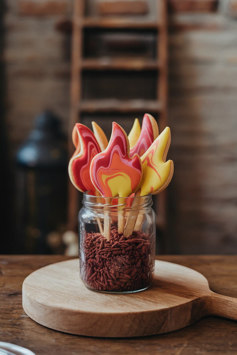 Indoor photo of flame-shaped cookies marbled in red, orange, and yellow icing, standing upright in a jar of chocolate “dirt,” no text or logos.