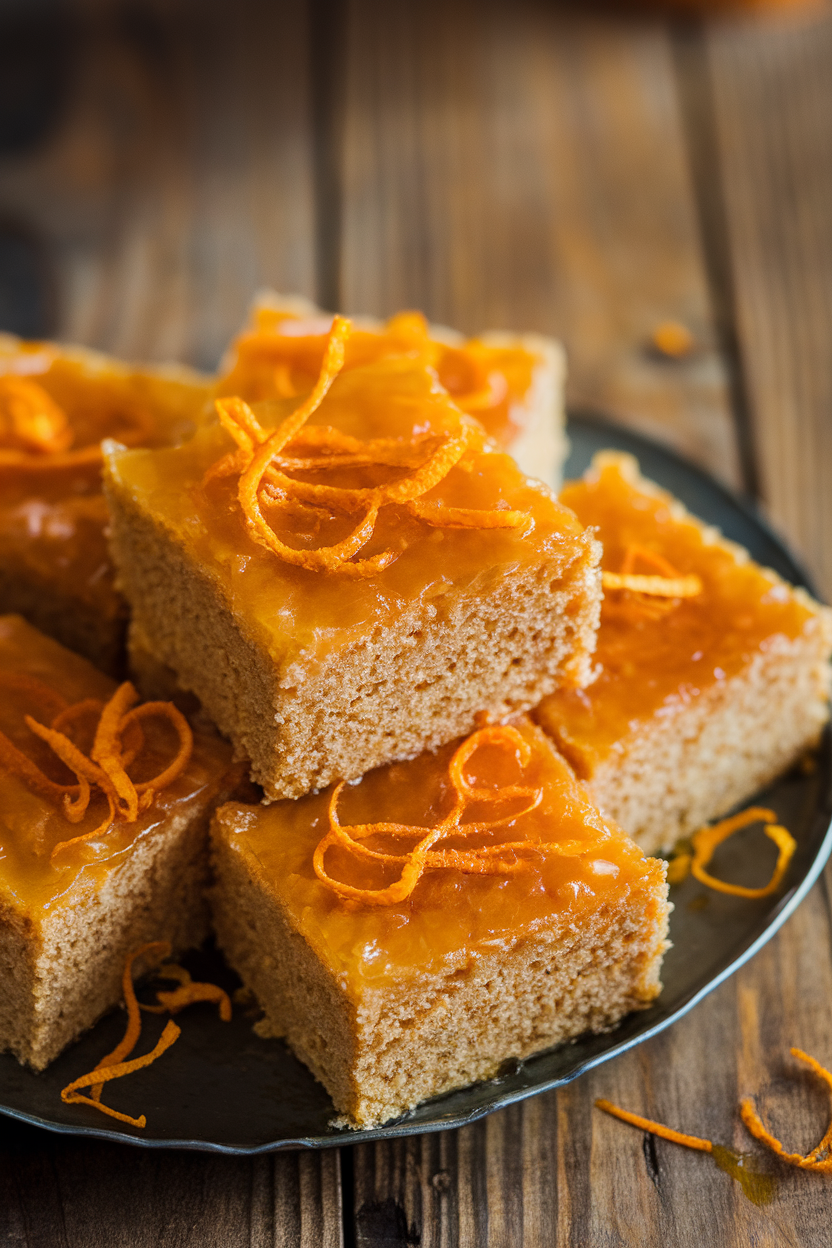 Photo of square semolina cake pieces on an indoor platter, syrup glistening on top, orange zest scattered; no text or logos.