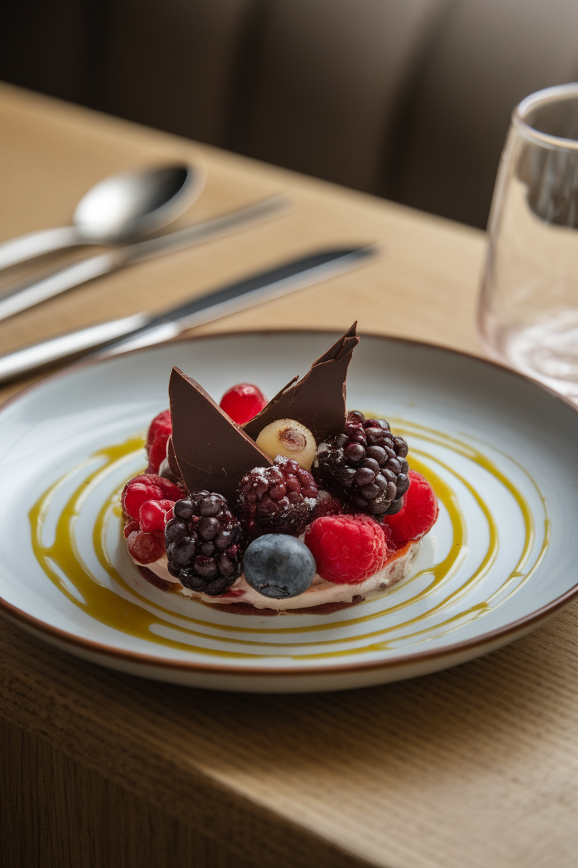 An indoor dessert plate with mixed fresh berries, shards of dark chocolate, and a light drizzle of olive oil glistening under soft light; no logos seen.