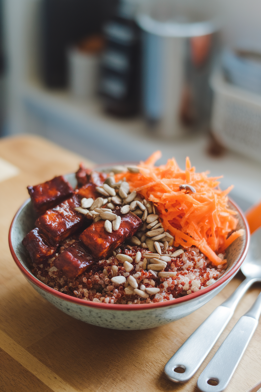Indoor photo showing a bowl with red quinoa, BBQ-glazed tempeh strips, crunchy carrot-cabbage slaw, and toasted sunflower seeds. No text or logos present.
