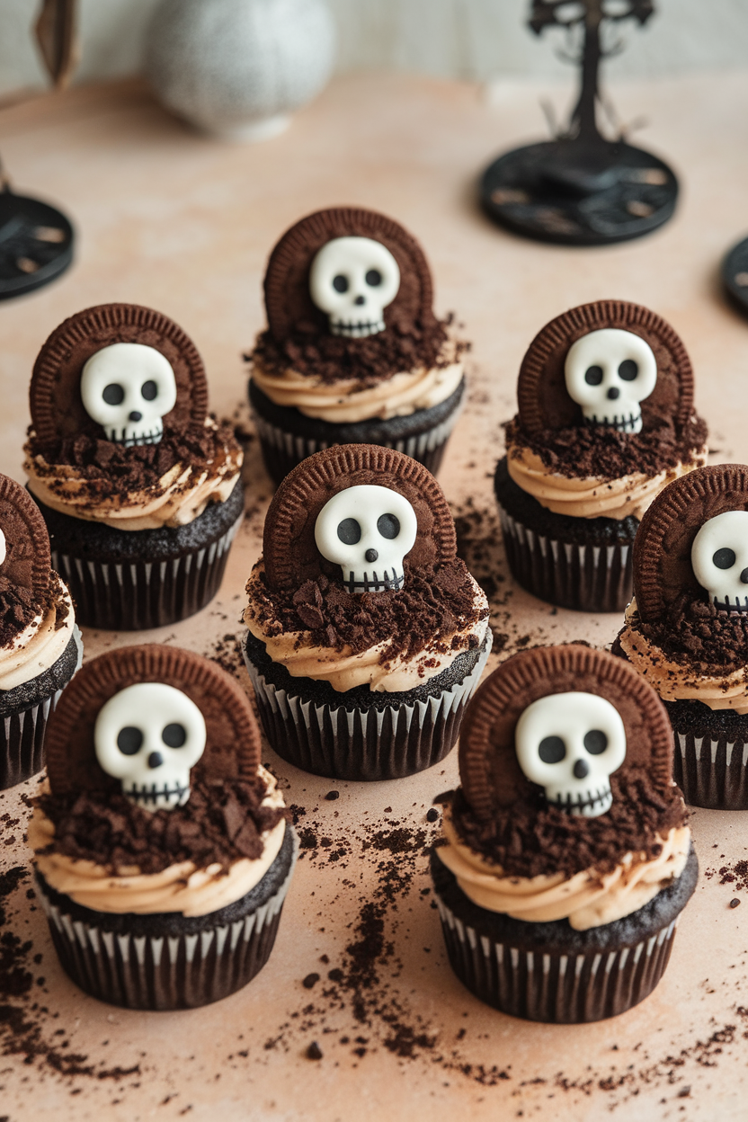 Indoor tabletop featuring cookies ’n’ cream cupcakes topped with crushed chocolate cookie “dirt” and a half cookie headstone iced with white skull, no text or logos.