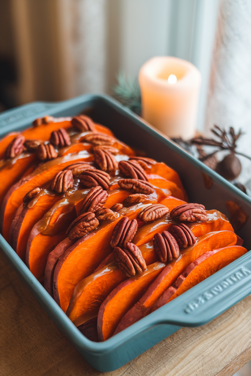 Sliced sweet potatoes layered in a baking dish indoors, covered with glossy maple-pecan glaze; no text or logos. Photo only.